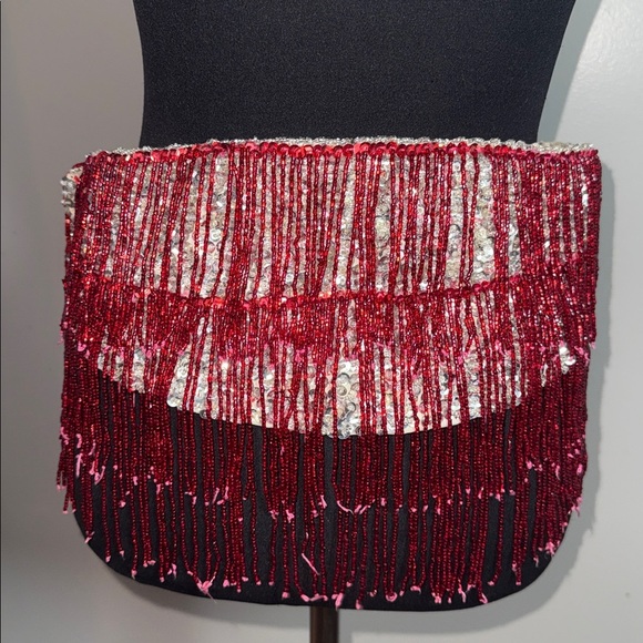 Vintage Beaded Burlesque Fringe Belt | Showgirl Stage Costume | Red & Silver main image 4